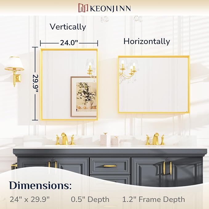 Keonjinn 24x30 Inch Gold Bathroom Mirror for Over Sink, Vanity Mirror | HD Tempered Glass, Rectangular, Brushed Framed, Square Corner, Modern Farmhouse, Wall Mounted Mirrors, Aluminum Alloy