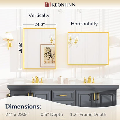 Keonjinn 24x30 Inch Gold Bathroom Mirror for Over Sink, Vanity Mirror | HD Tempered Glass, Rectangular, Brushed Framed, Square Corner, Modern Farmhouse, Wall Mounted Mirrors, Aluminum Alloy