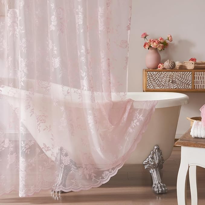 SEEKRIGHT Pink Lace Shower Curtain with Attached Valance Romantic Floral Shower Curtain Cute Scalloped Edge Lace Shabby Chic Bath Curtains for Spa Hotel Bathroom Farmhouse Decor, 1 Panel, 36x72
