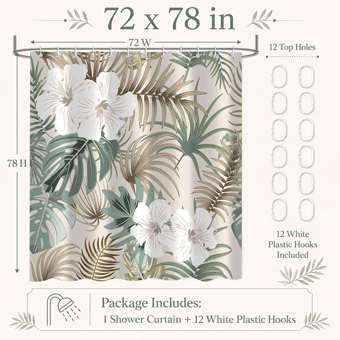 Tropical Shower Curtain for Bathroom, Green Palm Tree Flower Plant Boho Leaf Banana Monstera Sage Beige Shower Curtains Set, Fabric Bathroom Accessories with Hooks 72x78 Inch