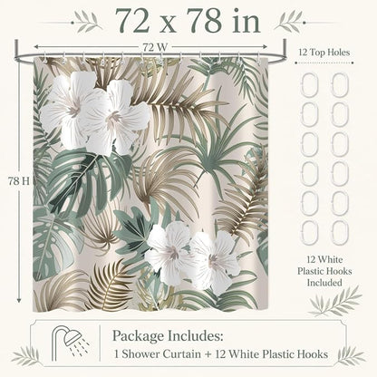 Tropical Shower Curtain for Bathroom, Green Palm Tree Flower Plant Boho Leaf Banana Monstera Sage Beige Shower Curtains Set, Fabric Bathroom Accessories with Hooks 72x78 Inch