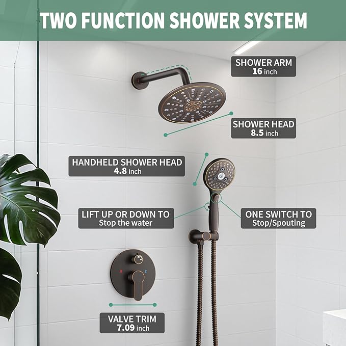 SunCleanse Oil Rubbed Bronze Shower System, Shower Faucet Sets Complete with Rain Shower Head and 7-Settings Handheld Shower Spray, Included Rough in Valve and Trim Kit