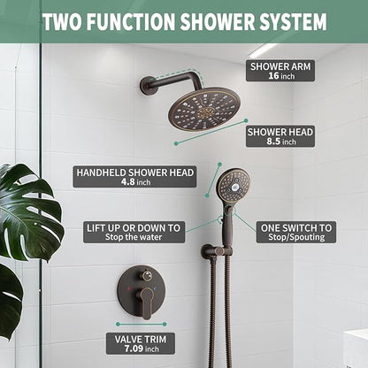 SunCleanse Oil Rubbed Bronze Shower System, Shower Faucet Sets Complete with Rain Shower Head and 7-Settings Handheld Shower Spray, Included Rough in Valve and Trim Kit