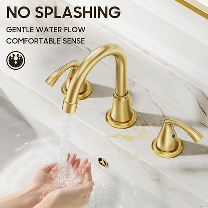 Phiestina 8 Inch 3 Hole 2 Handle Widespread Brushed Gold Bathroom Sink Faucet, Modern Bathroom Faucet with Metal Pop up Drain and Water Supply Lines, WFJC180-BG