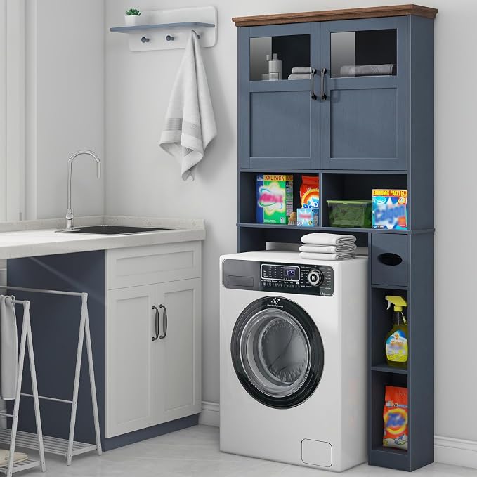 Vabches Over The Toilet Storage Cabinet with Doors & Paper Holder, Blue | Vabches Freestanding Toilet Shelf Space Saver with Anti-Tip Design & Adjustable Shelf or Restroom, Bathroom, Laundry