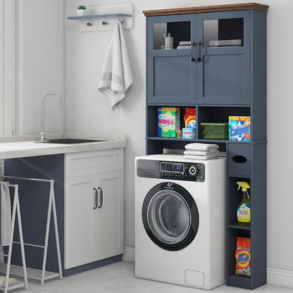 Vabches Over The Toilet Storage Cabinet with Doors & Paper Holder, Blue | Vabches Freestanding Toilet Shelf Space Saver with Anti-Tip Design & Adjustable Shelf or Restroom, Bathroom, Laundry