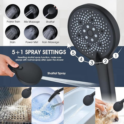 PDPBath 14 Inch Rain Shower Head with 5+1 Settings Handheld Spray Combo, High Pressure Rainfall Shower Head with 16'' Upgrade Adjustable Extension Arm, 79" Extra Long Hose, 3-Way Diverter, Matte Black