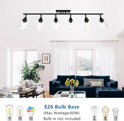 MELUCEE Ceiling Track Lighting Kits 6 Light Bathroom Light Fixtures Wall Mount with Flexibly Rotatable Light Head, Modern Black Spotlights with Clear Glass Shade