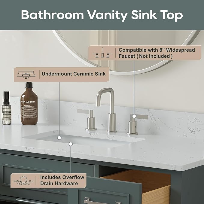 48 Inch Fully Assembled Bathroom Vanity with Sink, Green | Solid Wood, 0.78" Stone Top, Backsplash, Soft Close Doors, Dovetail Drawers, Large Storage, Modern Bathroom Upgrade