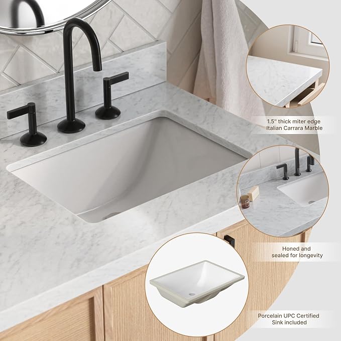 ARIEL Kelly 72-inch Bathroom Vanity with Sink,Solid Wood, 1.5-inch Italian Carrara Marble Countertop, Double Rectangular Porcelain Sink, 4 Soft Closing Doors, 5 Dovetail Drawers, White Oak