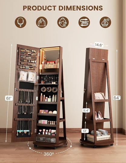 Full Length Jewelry Armoire with LED Mirror 360 Rotating Brown | Full Length LED Mirror, 3-color Light, 360 Rotating Base, Jewelry Storage, Makeup Tray, Shelves, Drawers