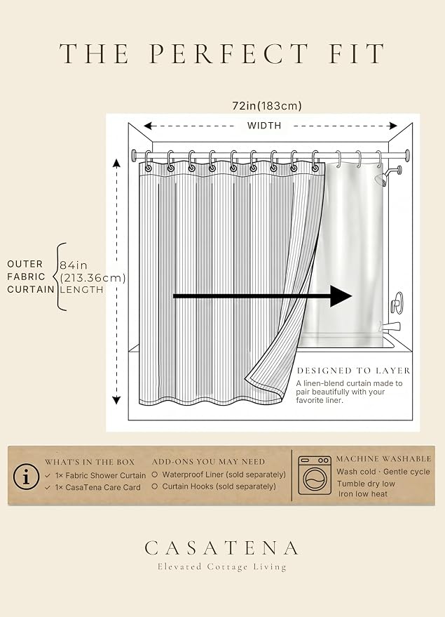 Farmhouse Striped Shower Curtain - Extra Long 72x84 Inches, Linen Blend Fabric, Breathable & Machine Washable, Rustic Rust for Bathroom Decor (Hooks/Liner Not Included)
