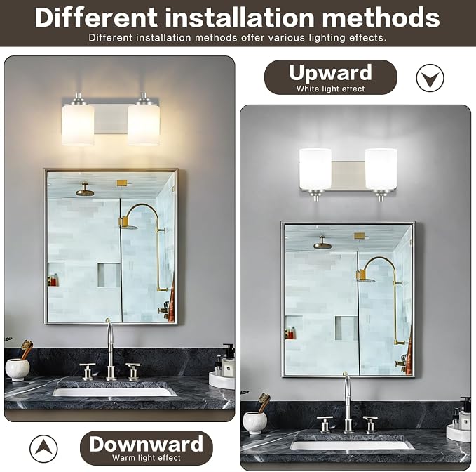 SOLFART Brushed Nickel 2 Light Vanity Lights for Bathroom, Milky Glass Shade Vintage Wall Sconce, Modern Bathroom Light Fixture Over Mirror, Easy to Install High-End Vanity Light (Bulbs Not Included)