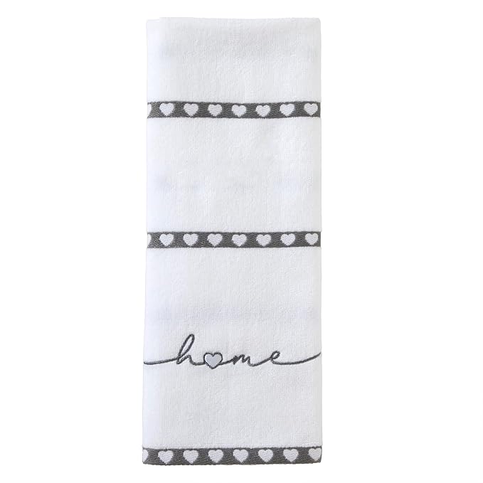 SKL Home Heart in Home Hand Towel Set-2pc, 100% Cotton, Embroidered, White | Soft, decorative velour. For use in the bathroom, kitchen, or any sink space & makes a great gift.