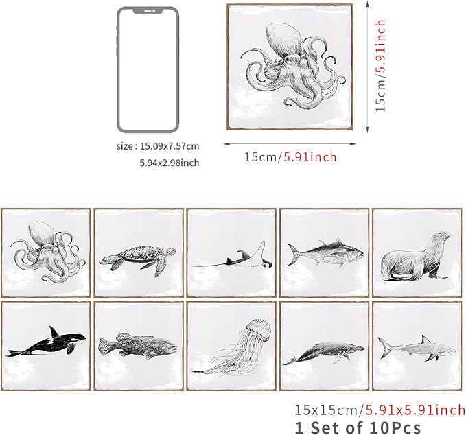Alwayspon Vinyl Sticker Peel and Stick, Self-Adhesive Wall Tile Transfers Backsplash Sticker Decal for Kitchen Bathroom, 6x6inch/15x15cm 10Pcs, Marine Lives T034