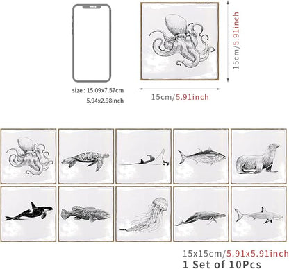 Alwayspon Vinyl Sticker Peel and Stick, Self-Adhesive Wall Tile Transfers Backsplash Sticker Decal for Kitchen Bathroom, 6x6inch/15x15cm 10Pcs, Marine Lives T034