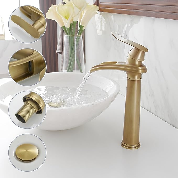 BWE Antique Brass Bathroom Vessel Sink Faucet Waterfall Spout Single Handle One Hole Solid Commercial Brass Lavatory Vanity Sink Faucet with Pop Up Drain