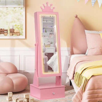 GarveeHome Kids Jewelry Armoire,Child Jewelry Cabinet with Led Light,Freestanding Jewelry Organizer with Full Length Mirror&Storage Drawers,Kids Vanity Dress Up Mirror Jewelry Cabinet for Girls(Pink)