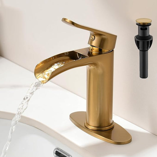Gold Waterfall Bathroom Faucet - 4Inch Single Hole Bathroom Faucets Solid Brass Modern Single Handle Vanity Faucet for 1 Hole with Deck Plate & Overflow Pop Up Drain Brushed Gold