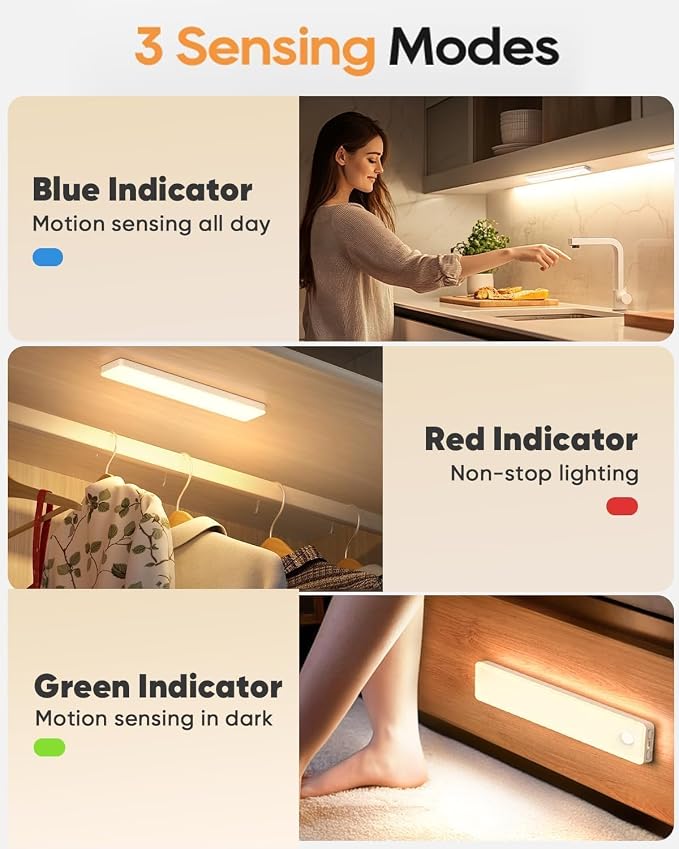 2 Pack Under Cabinet Lighting, Motion Sensor Light Indoor, Rechargeable Closet Lights Battery Operated, Wireless Dimmable LED Cabinet Lights, Under Counter Lights for Kitchen Warm Color