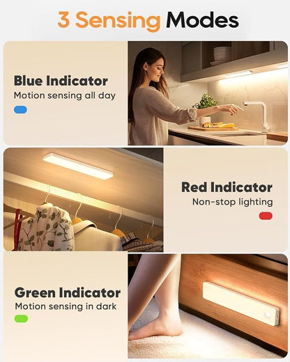 2 Pack Under Cabinet Lighting, Motion Sensor Light Indoor, Rechargeable Closet Lights Battery Operated, Wireless Dimmable LED Cabinet Lights, Under Counter Lights for Kitchen Warm Color