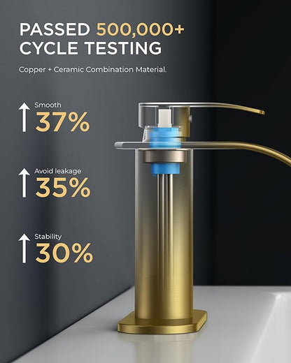 FORIOUS Brushed Gold Bathroom Faucet One Hole, Waterfall Single Handle Bathroom Faucet for 1 or 3 Hole Sink with Metal Pop up Drain, Deck Plate, cUPC Hoses for Vanity, Rv Sink