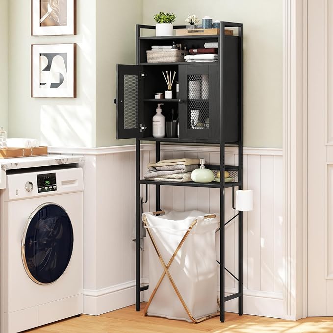 BECOMFORT 5-Tier Over the Toilet Storage Cabinet, Above Toilet Bathroom Shelf with Metal Stand, Mesh Grid Doors, Toilet Paper Holder & Hook, Freestanding Space Saver (Black)