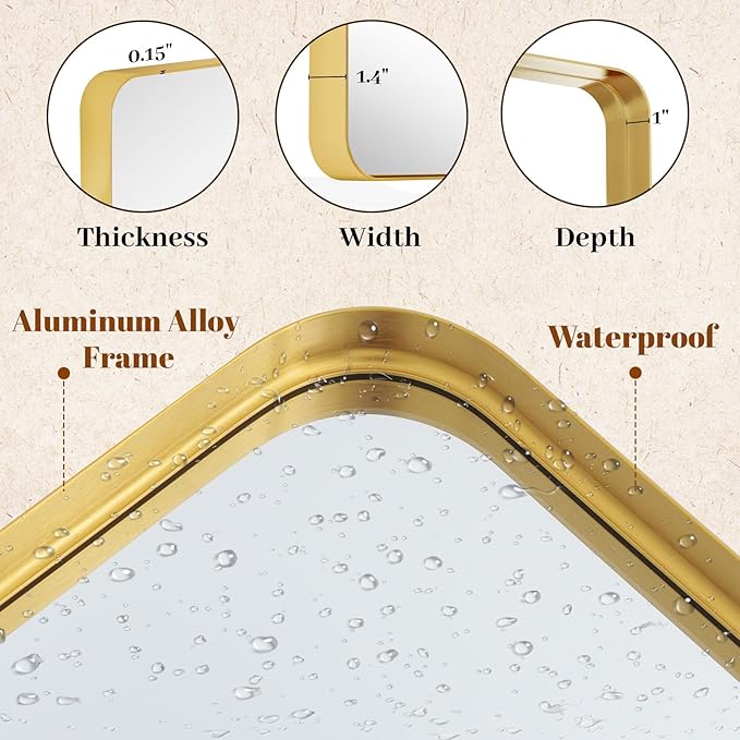 Bathroom Mirrors for Over Sink 24 x 32 Inch Rounded Rectangle Bathroom Vanity Mirror Bathroom Mirror for Wall Hangs Horizontally or Vertically for Living Room Bedroom Entryway Gold