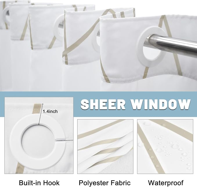 LXBNI No Hook Shower Curtain with Snap-in Liner, Waterproof & Washable Polyester Fabric, Abstract Line Pattern, Hotel Style Modern Shower Curtains for Bathroom, 71x77 Inches,Beige Khaki