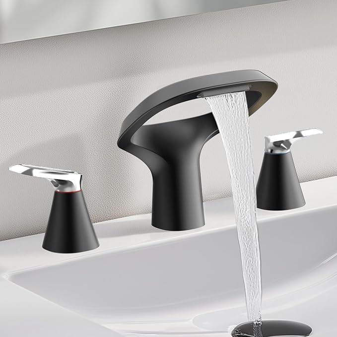 Black Bathroom Faucets for Sink 3 Hole, 8 Inch Modern Bathroom Faucet with Adjustable Spout, Solid Brass Widespread Sink Faucet with Water Supply Hoses, 2 Chrome Handles