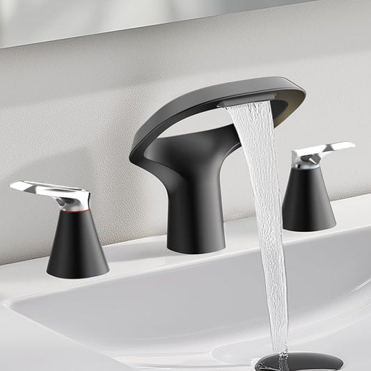 Black Bathroom Faucets for Sink 3 Hole, 8 Inch Modern Bathroom Faucet with Adjustable Spout, Solid Brass Widespread Sink Faucet with Water Supply Hoses, 2 Chrome Handles