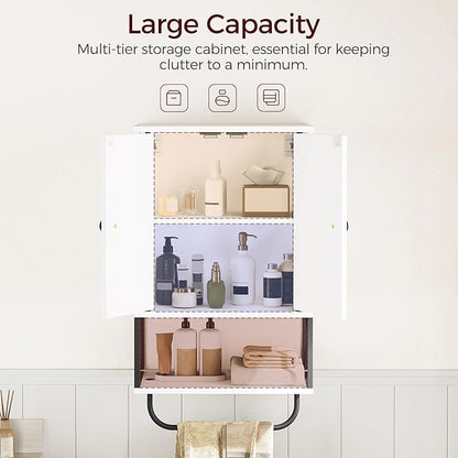 Bathroom Wall Cabinet with 2 Door and Adjustable Shelf, Farmhouse Medicine Cabinet with Towel Rack, 3-Tier Wall Mounted Storage Cabinet Over The Toilet for Bathroom Laundry Room, White