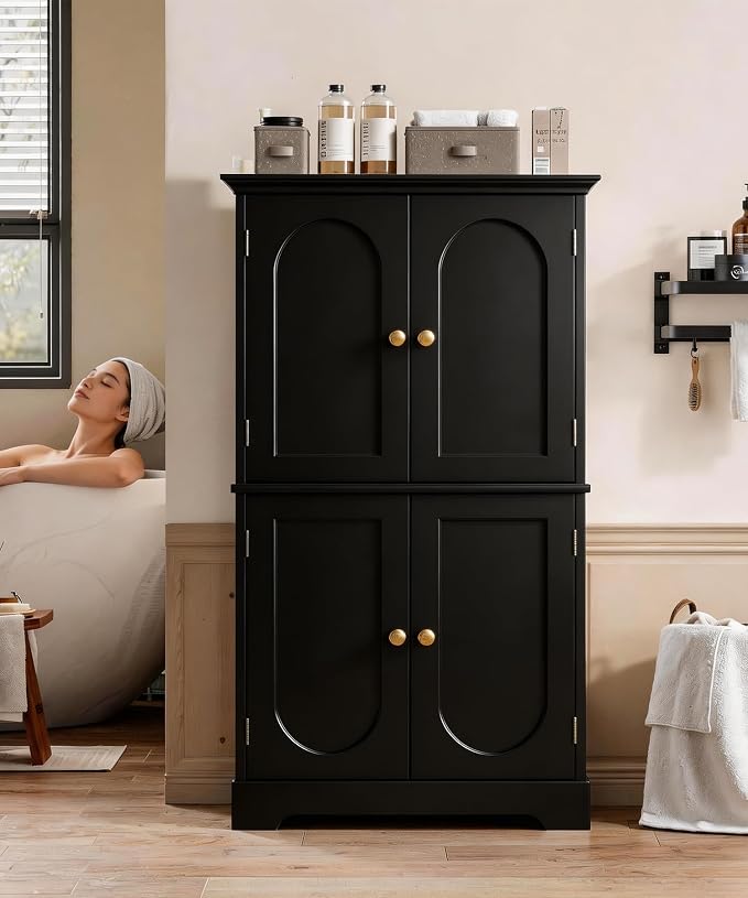 HAIOOU Bathroom Floor Cabinet with Motion Sensor Light, Classic Bathroom Storage Cabinet with Adjustable Glass Shelf, 4 Doors, Ample Storage for Hallway, Laundry Room, Living Room - Black
