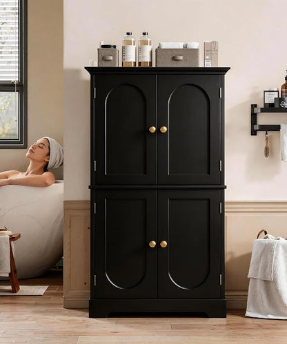 HAIOOU Bathroom Floor Cabinet with Motion Sensor Light, Classic Bathroom Storage Cabinet with Adjustable Glass Shelf, 4 Doors, Ample Storage for Hallway, Laundry Room, Living Room - Black