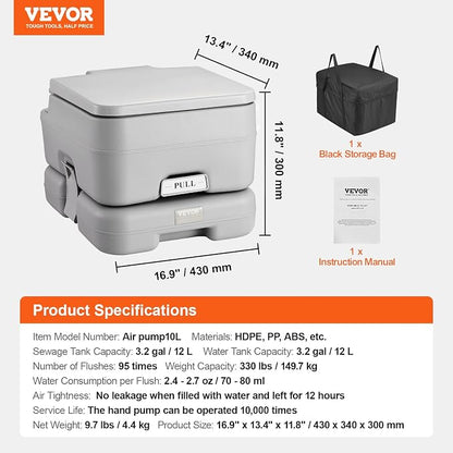 VEVOR Portable Toilet for Camping, Porta Potty with 3.2 Gal Waste Tank & 3.2 Gal Flush Tank, Push-Button Pressurized Flush Commode with Level Indicator, Travel Toilet for Adults Kids Camping Car Trips