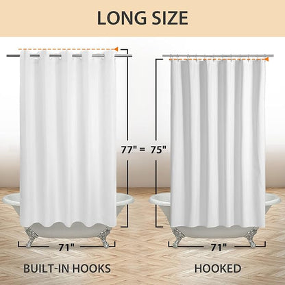 River Dream No Hook Long Shower Curtain or Liner Soft Microfiber - 75" Length Fabric Shower Curtain Liner Set, Machine Washable & Water Repellent, White, 71x77 | Waterproof Fabric Shower Curtain Set, Bottom Magnets, Soft & Machine Washable, 71W x 77H