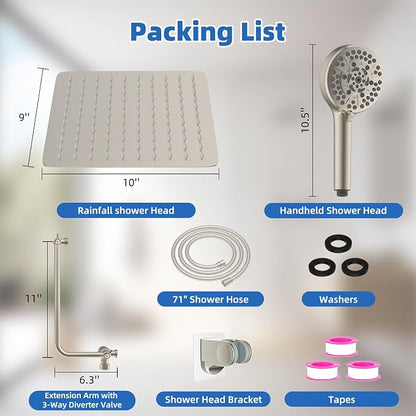 10" Metal Rainfall Shower Head with 10-Mode Handheld, Brushed Nickel | NSF/ANSI/CAN 372 Certified, High Pressure Showerhead Combo with 11" Adjustable Shower Arm, 71" Hose, Shower Head Holder