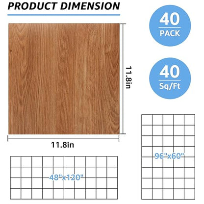 40 Sheet Vinyl Flooring 12x12 Inch Peel and Stick Floor Tile Waterproof Wood Grain Flooring Tile Clearance Self Adhesive Vinyl Floor Tiles Sticky Laminate Flooring Stick on Bathroom Kitchen RV