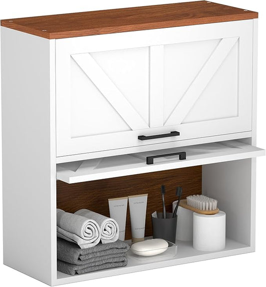 HollyHOME Bathroom Wall Cabinet, Farmhouse Barn Door Wood Medicine Cabinet with Adjustable Shelves, Wall-Mounted Over-The-Toilet Storage,White