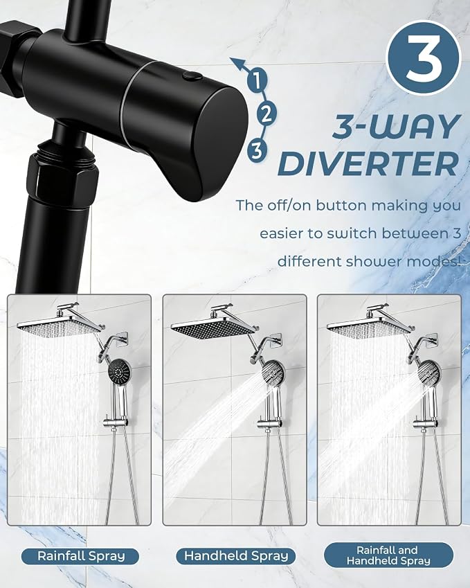 Shower Head with Handheld,High Pressure Black Slide Bar Shower Head | Regaderas Para Shower,11.8" Rectangular,Shower Head,Dual Shower Head,Bathroom Decor,Extension Arm,5 Spray Mode