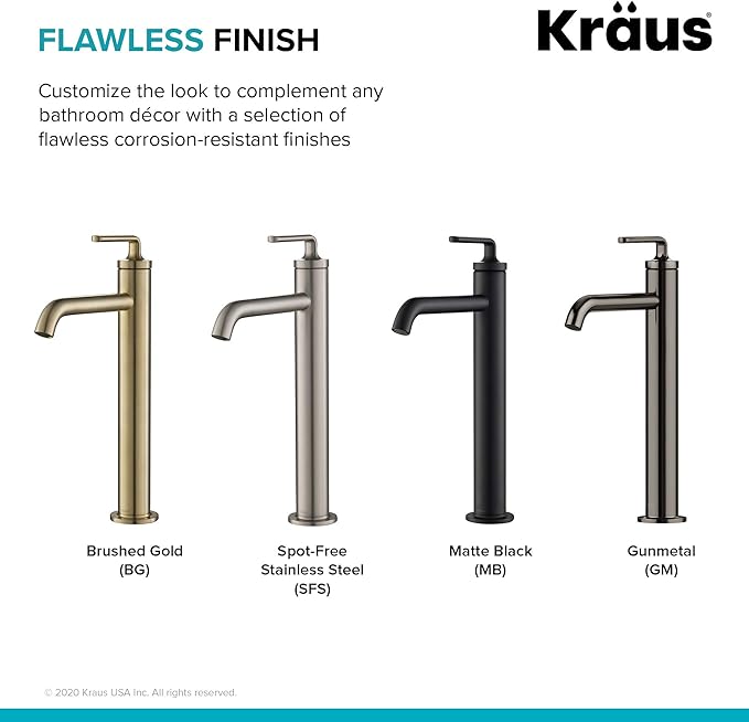KRAUS Ramus Single Handle Vessel Sink Bathroom Faucet with Pop-Up Drain in Brushed Gold, KVF-1220BG-2PK