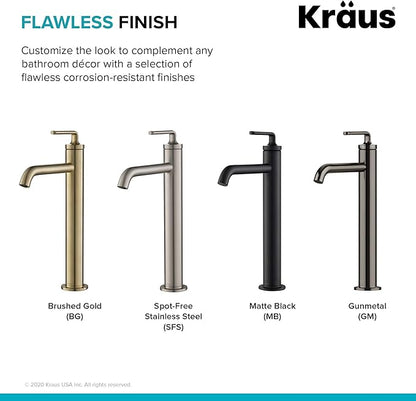 KRAUS Ramus Single Handle Vessel Sink Bathroom Faucet with Pop-Up Drain in Brushed Gold, KVF-1220BG-2PK