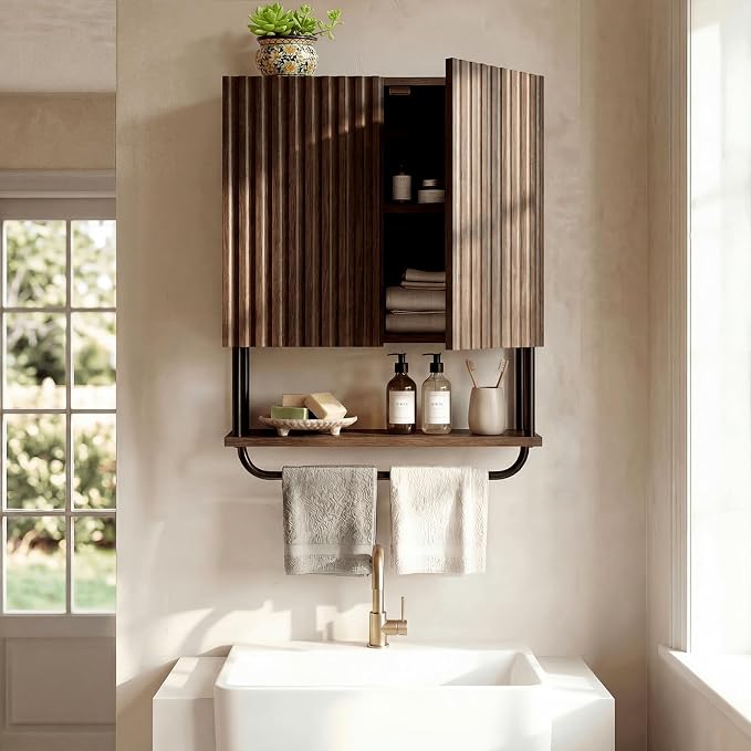 Fluted Bathroom Wall Cabinet,Wood Medicine Cabinet with Towel Bar Walnut | Fernitry Over the toilet Storage Cabinet Walnut Wall Mounted with Adjustable Shelf 3 Tier Farmhouse with 2 Doors Retro