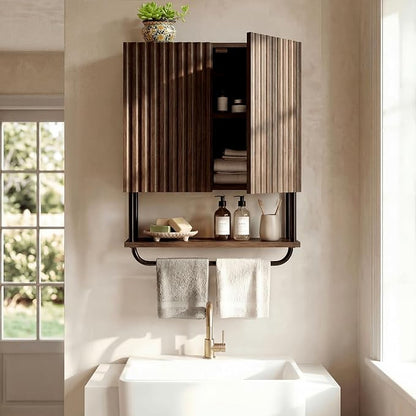 Fluted Bathroom Wall Cabinet,Wood Medicine Cabinet with Towel Bar Walnut | Fernitry Over the toilet Storage Cabinet Walnut Wall Mounted with Adjustable Shelf 3 Tier Farmhouse with 2 Doors Retro