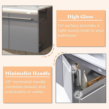 AMERLIFE 60" LED Floating Bathroom Double Vanity with Sink, Modern High Gloss Wall Mounted Bathroom Storage Cabinet with 3 Hole Sink, Metal Handles & Soft Closing Doors, Grey