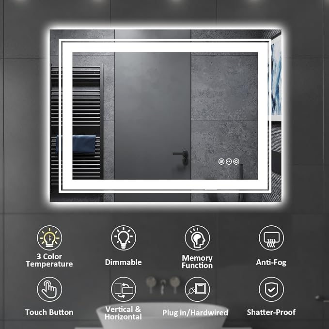 Snowdool 28 x 20 in LED Bathroom Mirror, Front and Backlit, Anti-Fog | Front and Backlit, Stepless Dimming, Anti-Fog, Memory Function