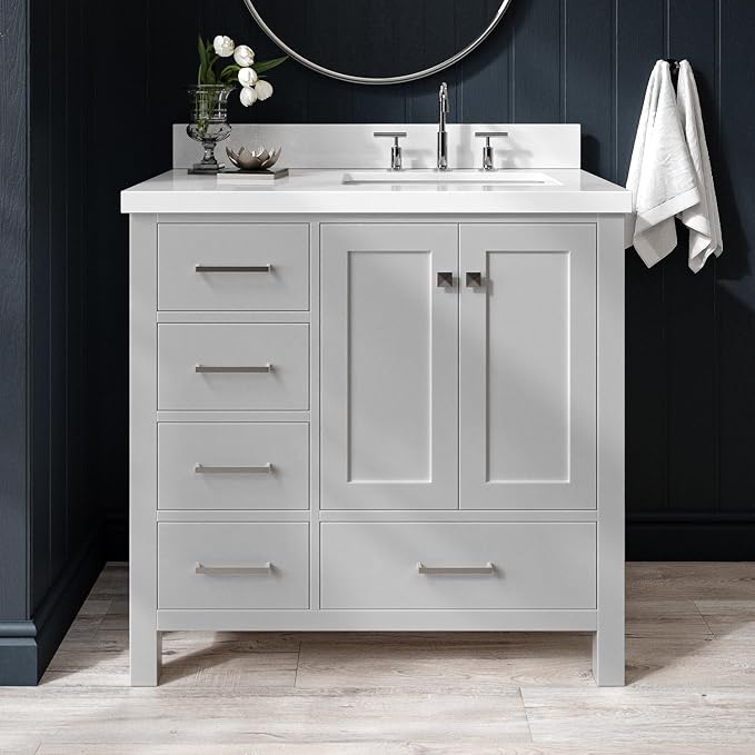 ARIEL Cambridge 36-inch Bathroom Vanity with Sink,Solid Wood, 1.5-inch Pure White Quartz Countertop & Backsplash, Single Rectangular Porcelain Sink, 2 Soft Closing Doors, 5 Dovetail Drawers, Grey