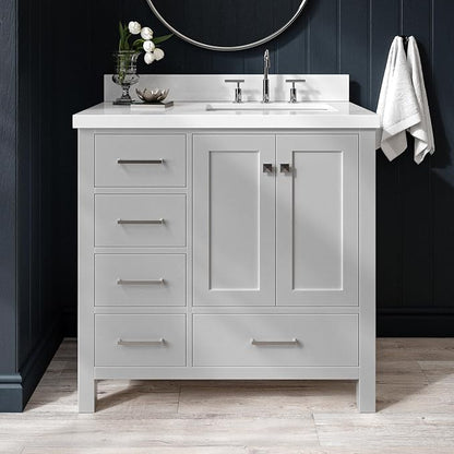 ARIEL Cambridge 36-inch Bathroom Vanity with Sink,Solid Wood, 1.5-inch Pure White Quartz Countertop & Backsplash, Single Rectangular Porcelain Sink, 2 Soft Closing Doors, 5 Dovetail Drawers, Grey