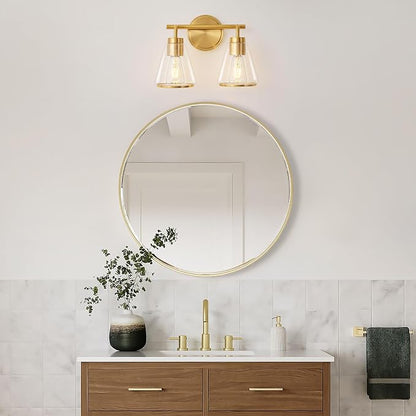 14" 2-Light Brushed Gold Modern Bathroom Vanity Light Fixtures Over Mirror | Clear Glass Shade, Heat-Resistant Ceramic E26 Socket, Wall Sconces, Rustproof, Fit 16–22 Inch Mirrors for Vanity Table