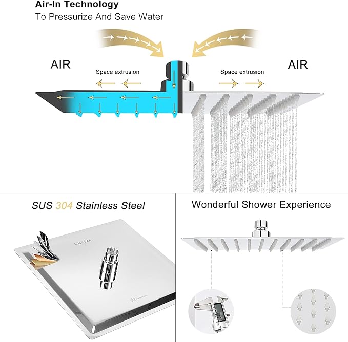 NearMoon Rain Shower Head, High Flow Stainless Steel Square Rainfall Shower, High Pressure Design, Awesome Shower Experience Even At Low Water Flow (10 Inch, Chrome Finish)